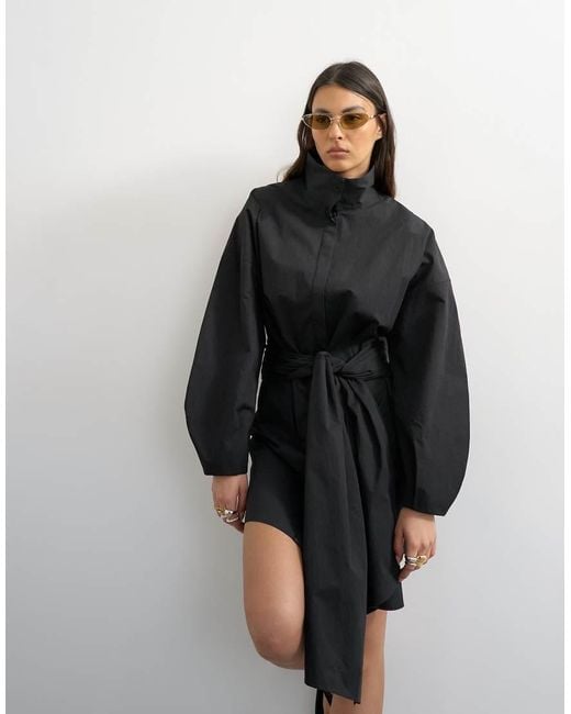 TOPSHOP Gray Long Sleeve Funnel Neck Shirt Dress With Wrap Detail