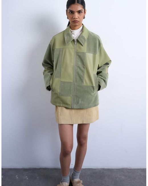 TOPSHOP Green Faux Suede Patchwork Zip Through Jacket