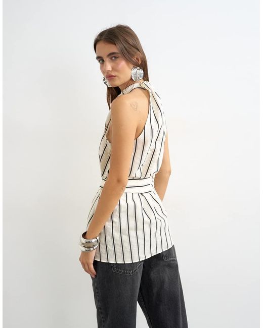 TOPSHOP White High Neck Sleeveless Belt Detail Top