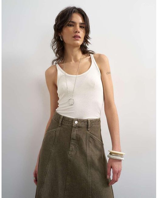 TOPSHOP Green Denim Circle Seamed Maxi Skirt
