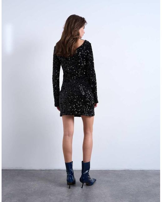 TOPSHOP White Long Sleeve Cowl Back Sequin Velvet Mini Dress
