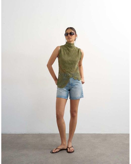 TOPSHOP Green Knitted Crochet Shape Top