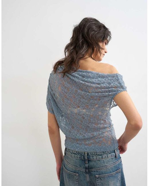 TOPSHOP Blue Lace Fallen Shoulder Top