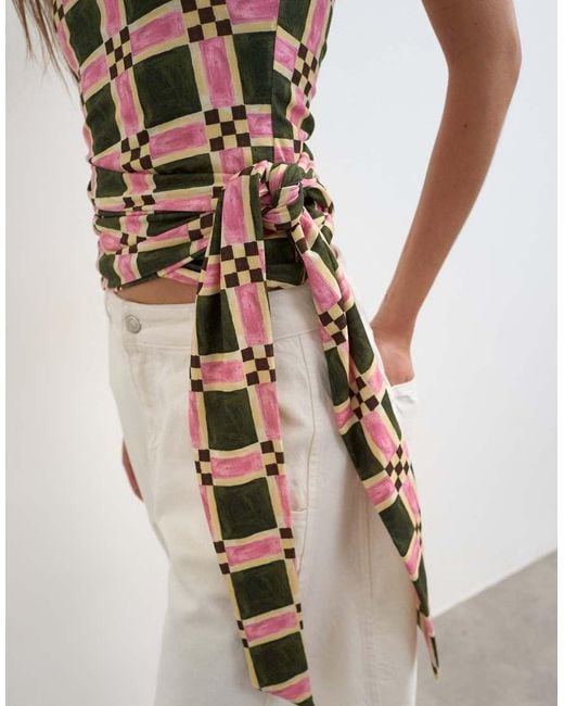 TOPSHOP Natural Check Print Tie Detail Bandeau Top