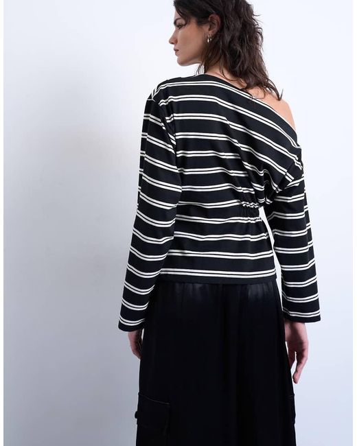 TOPSHOP Black Off The Shoulder Ruched Detail Long Sleeve Top