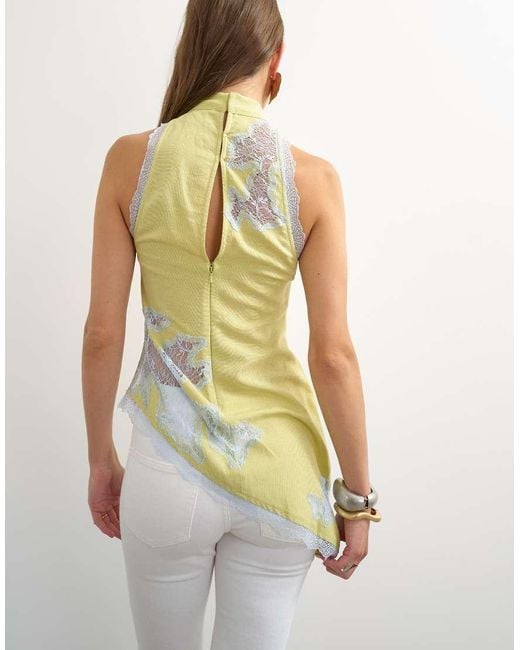 TOPSHOP Green Premium Halter Neck Top With Contrast Lace Detail
