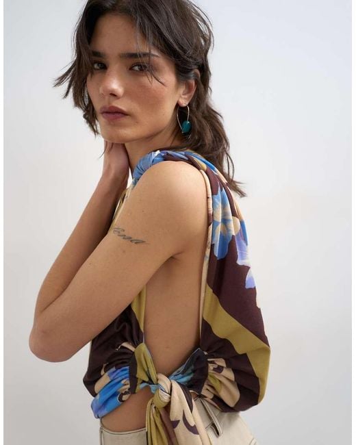 TOPSHOP Natural Printed Knot Detail One Shoulder Top