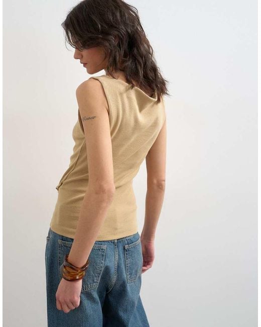 TOPSHOP Natural Button Detail Slash Neck Ribbed Top