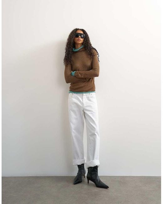 TOPSHOP Brown Wool Blend Double Layer Sheer Knit Turtleneck Top