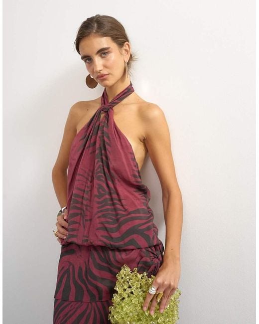 TOPSHOP Multicolor Halter Neck Dropped Waist Tie Detail Maxi Dress