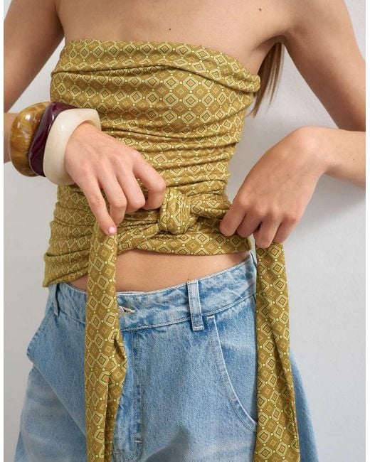 TOPSHOP Green Tile Print Tie Detail Bandeau Top