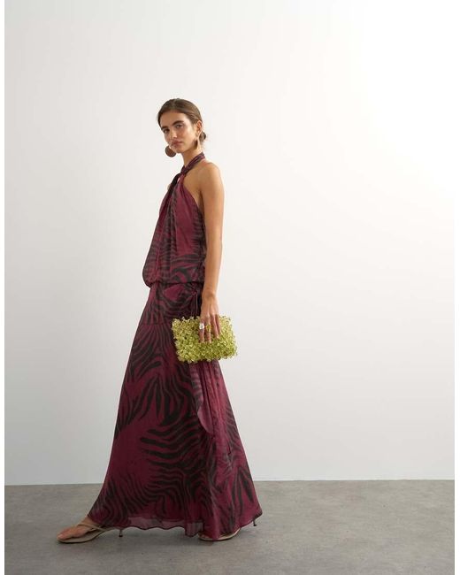 TOPSHOP Multicolor Halter Neck Dropped Waist Tie Detail Maxi Dress