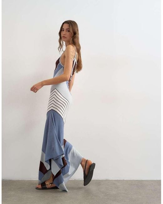 TOPSHOP White Knitted Asymmetric Stripe Maxi Dress