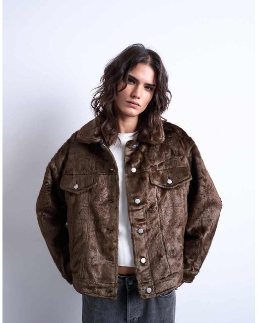 TOPSHOP Brown Faux Fur Western Trucker Jacket