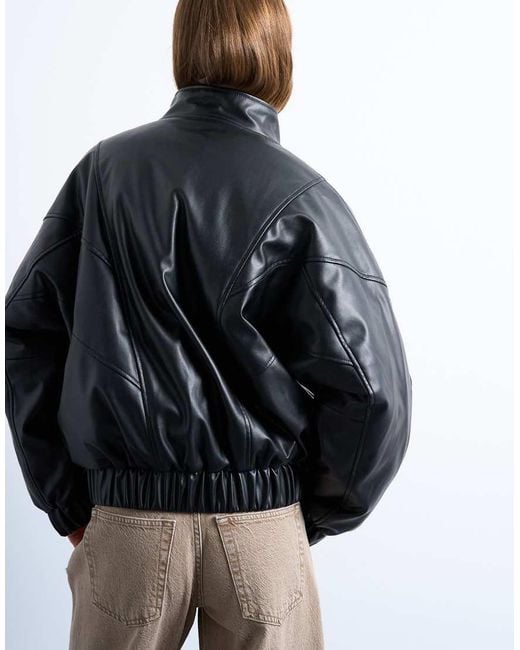 TOPSHOP Gray Faux Leather Funnel Padded Seam Detail Bomber Jacket