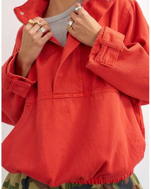 TOPSHOP Red Denim Funnel Neck Bubble Hem Top