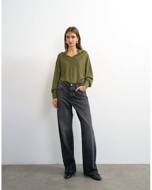 TOPSHOP Green Knitted V Slouchy Fine Knit Sheer Jumper