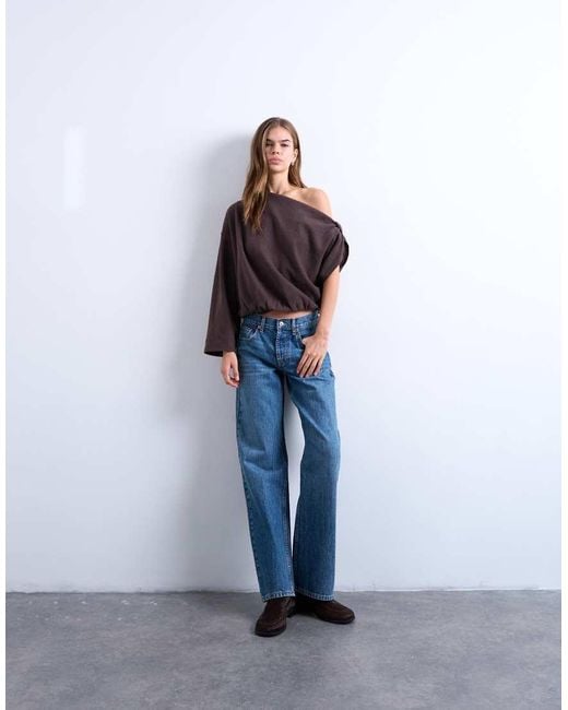 TOPSHOP Brown Soft Touch Off Shoulder Knot Side Long Sleeve Top