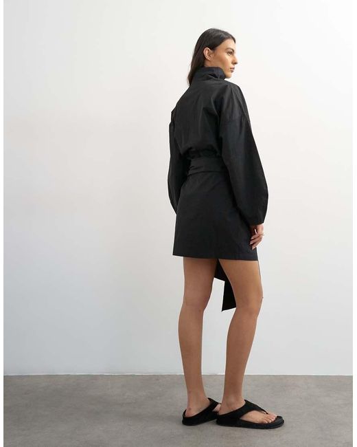 TOPSHOP Gray Long Sleeve Funnel Neck Shirt Dress With Wrap Detail