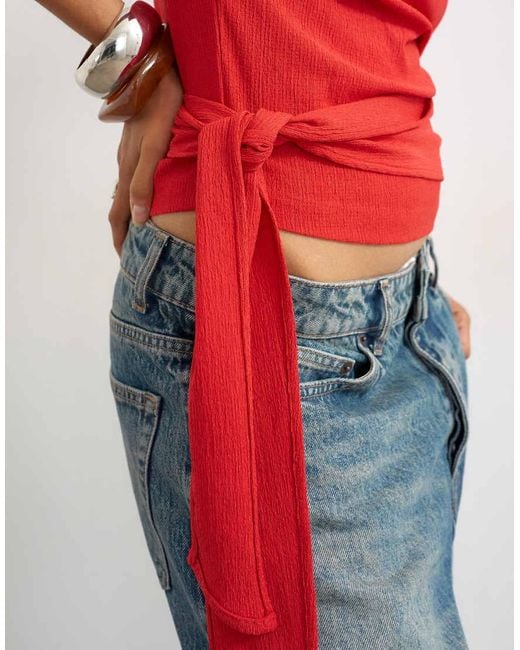 TOPSHOP Red Crinkle Off Shoulder Tie Front Top