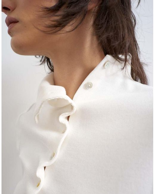 TOPSHOP White High Neck Ruffle Button Through Half Sleeve Top