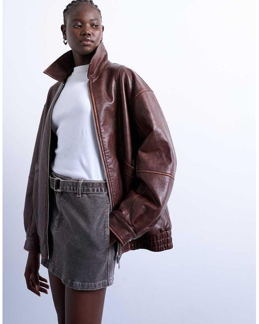 TOPSHOP Brown Super Oversized Faux Leather Contrast Heavy Wash Bomber Jacket