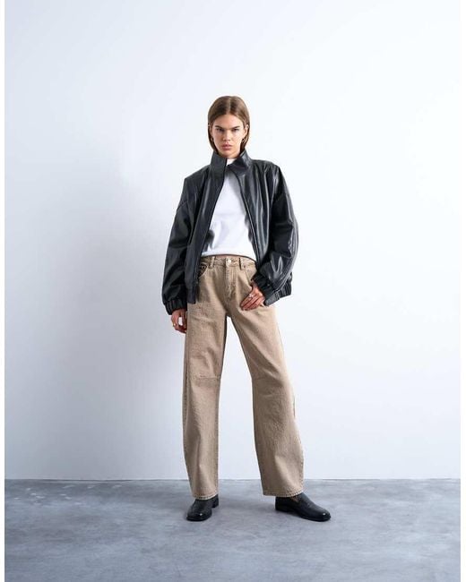 TOPSHOP Gray Faux Leather Funnel Padded Seam Detail Bomber Jacket