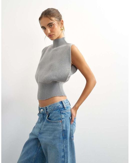TOPSHOP Blue Knitted Rounder Funnel Neck Tank