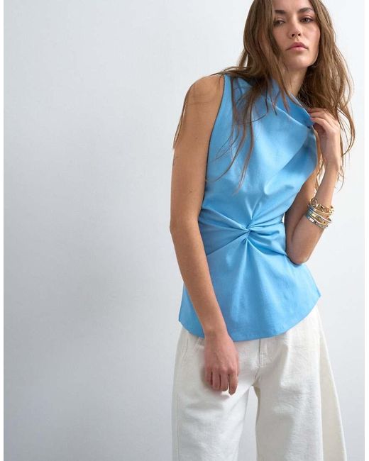 TOPSHOP Blue Formal Twist Front Funnel Neck Cowl Top