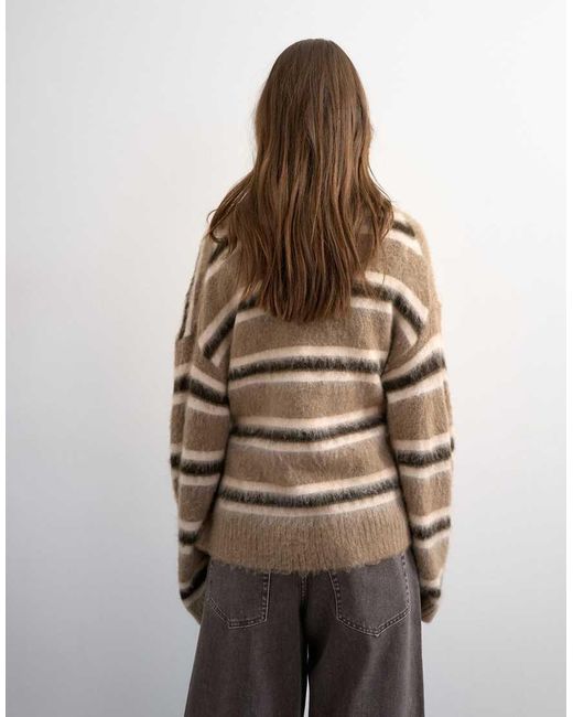 TOPSHOP Natural Knitted Fluffy Stripe Wrap Tie Cardigan