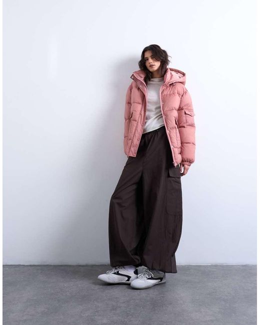TOPSHOP Pink Mid Length Funnel Neck Puffer Jacket