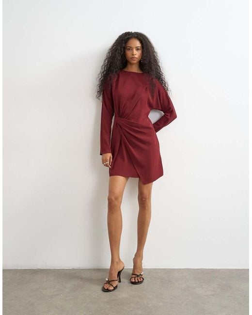 TOPSHOP Red Long Sleeve High Neck Tuck Side Mini Dress
