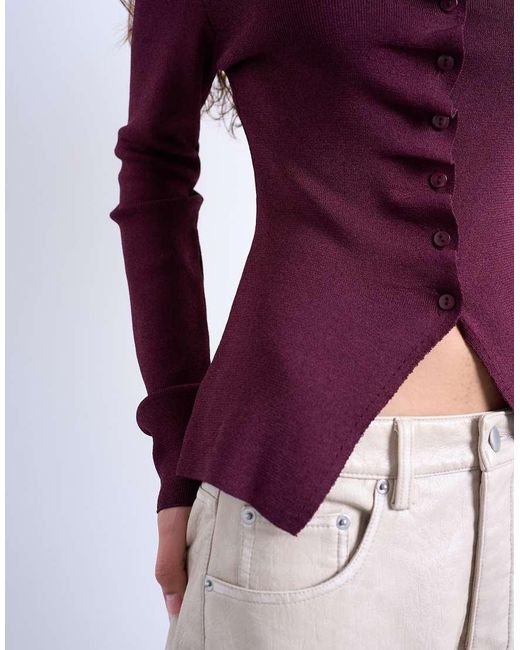 TOPSHOP Purple Knit Ruffled Button Front Long Sleeve Top