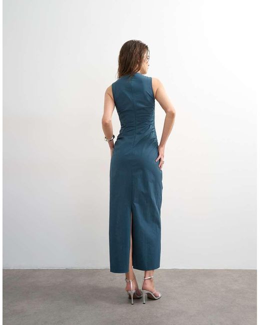TOPSHOP Blue Ruched Sleeveless Midi Dress