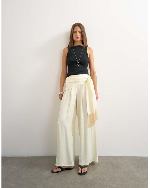 TOPSHOP White Satin Feel Wrap Co-Ord Trouser With Fringe Detail