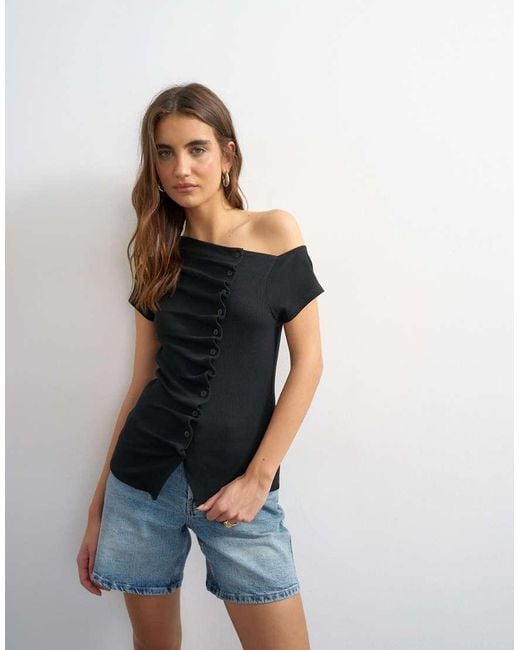 TOPSHOP Black Bardot Button Through Top