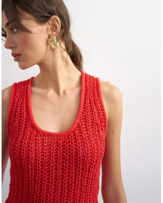 TOPSHOP Red Knitted Low Scoop Crochet Vest Top