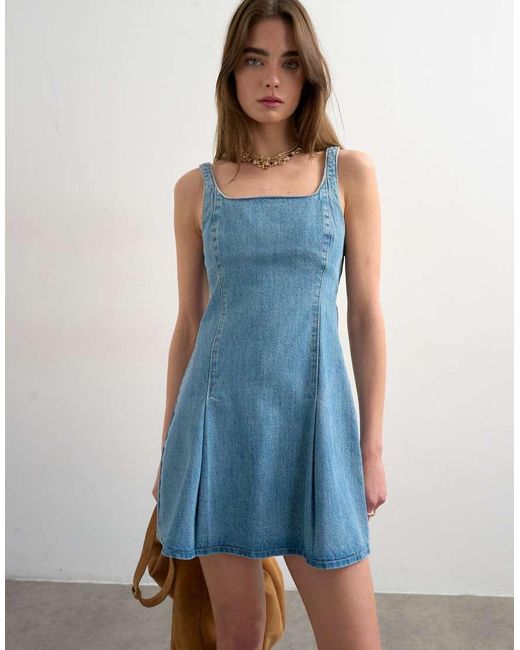 TOPSHOP Blue Denim Flippy Seamed Pleat Hem Mini Dress