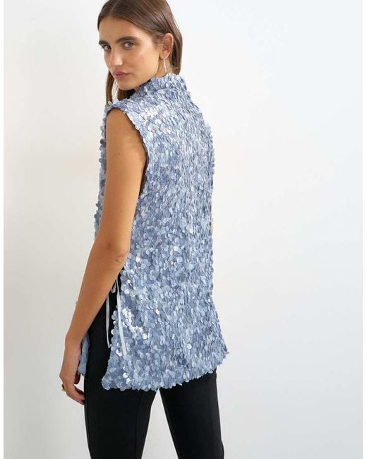 TOPSHOP Blue Mixed Sequin Tie Side Tunic Top