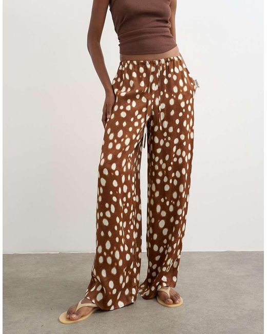 TOPSHOP Brown Satin Tie Waist Wide Leg Trouser