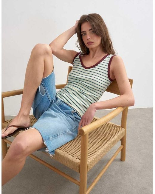 TOPSHOP Blue Stripe Rib V-neck Singlet