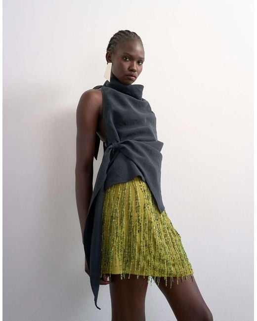 TOPSHOP Green Heavy Beaded Mini Skirt