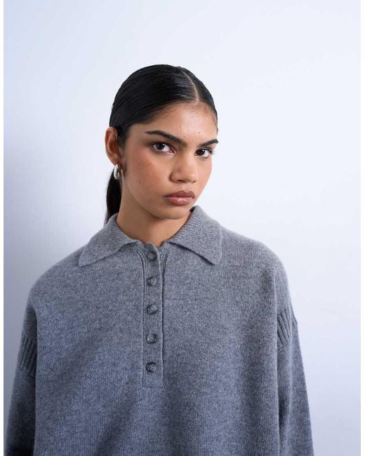 TOPSHOP Gray Knitted Premium 100% Lambswool Polo Jumper