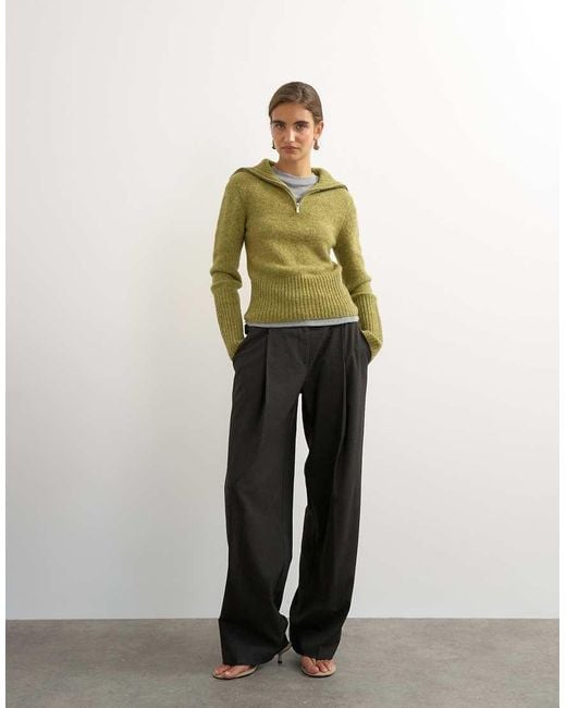 TOPSHOP Green Knitted Half Zip Funnel Neck Jumper With Wool