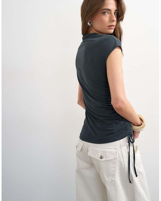 TOPSHOP Blue Ruched Detail Cupro Top