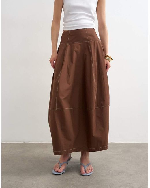 TOPSHOP Brown Poplin Barrel Seamed Maxi Skirt