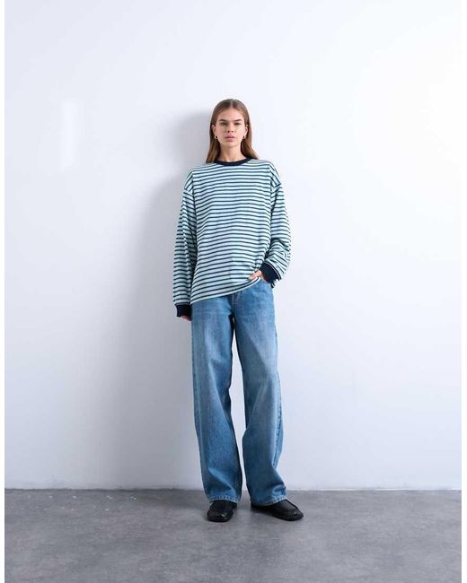 TOPSHOP Blue Striped Long Sleeve Slouchy Skater Tee