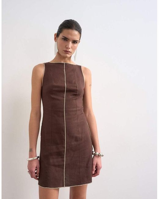TOPSHOP Brown Linen Rich Mini Shift Dress