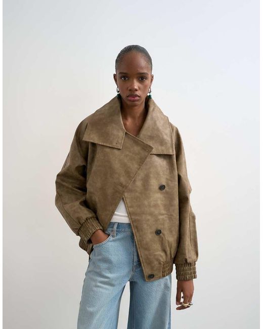 TOPSHOP Brown Faux Leather Asymmetric Oversized Bomber With Funnel Neck