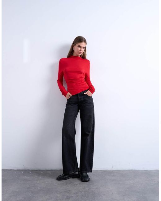 TOPSHOP Red High Neck Viscose Long Sleeve Top